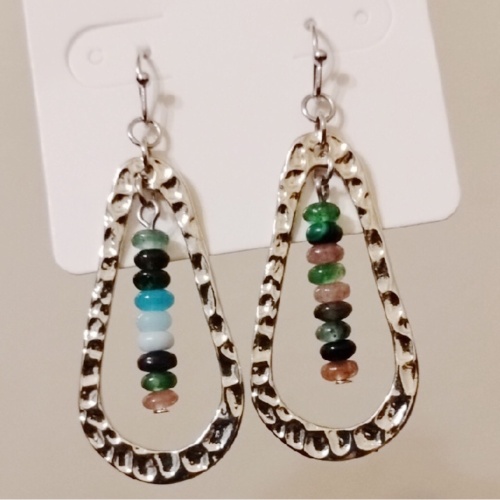 Silver Hammered Open Tear Drop Bead Earrings